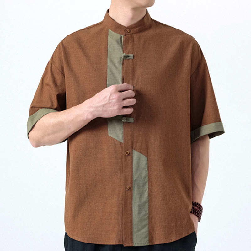 Buddha Stones Casual Color Matching Chinese Frog-Button Design Tang Suit Men's Half Sleeve Cotton Linen Shirt - image 17