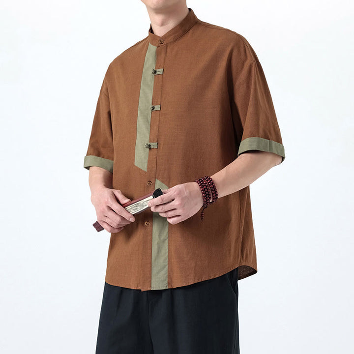 Buddha Stones Casual Color Matching Chinese Frog-Button Design Tang Suit Men's Half Sleeve Cotton Linen Shirt - Peru - US/UK/AU46，EU56 (5XL) - image 14