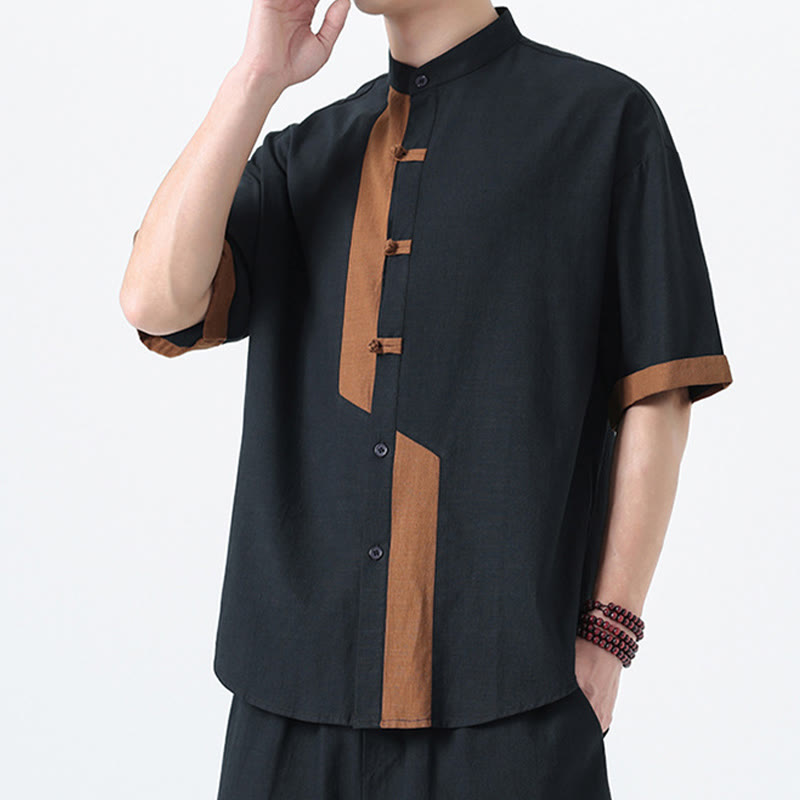 Buddha Stones Casual Color Matching Chinese Frog-Button Design Tang Suit Men's Half Sleeve Cotton Linen Shirt - image 3