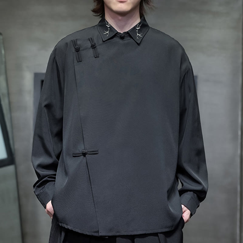 Buddha Stones Vintage Pure Color Chinese Frog-Button Design Embroidery Lapel Men's Long Sleeve Shirt - Black - US/UK/AU46，EU56 (5XL) - image 0