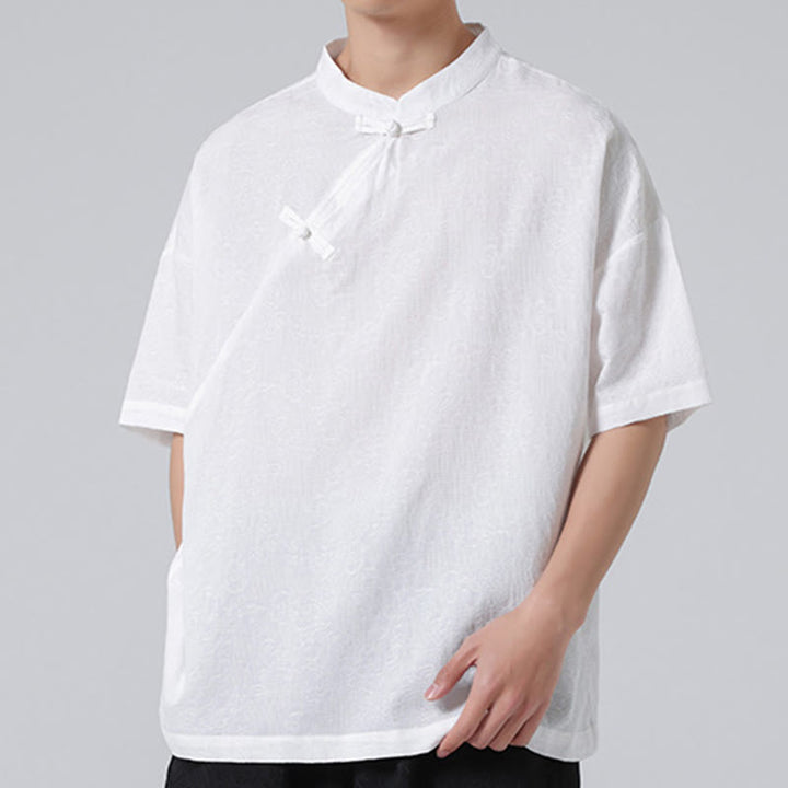 Buddha Stones Retro Pure Color Frog-Button Design Jacquard Flower Pattern Men's Short Sleeve Cotton Linen Shirt - image 21