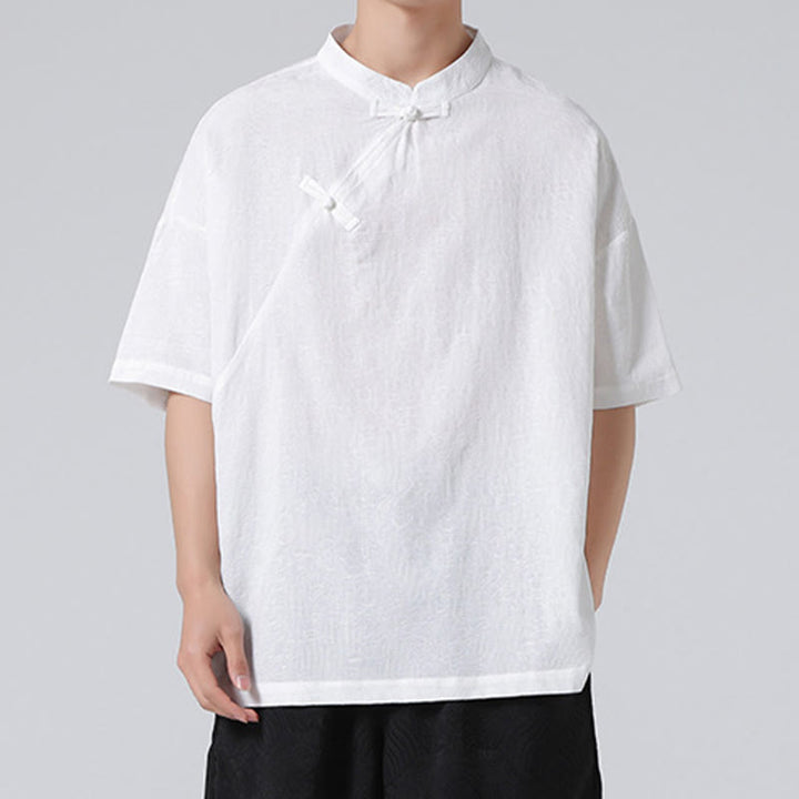 Buddha Stones Retro Pure Color Frog-Button Design Jacquard Flower Pattern Men's Short Sleeve Cotton Linen Shirt - image 19