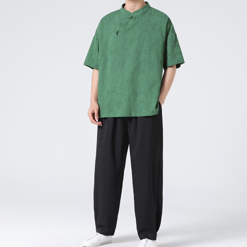 Buddha Stones Retro Pure Color Frog-Button Design Jacquard Flower Pattern Men's Short Sleeve Cotton Linen Shirt - image 7