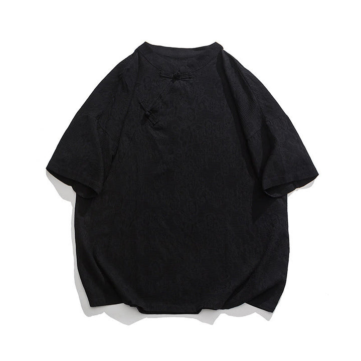 Buddha Stones Retro Pure Color Frog-Button Design Jacquard Flower Pattern Men's Short Sleeve Cotton Linen Shirt - Black - US/UK/AU46，EU56 (5XL) - image 24