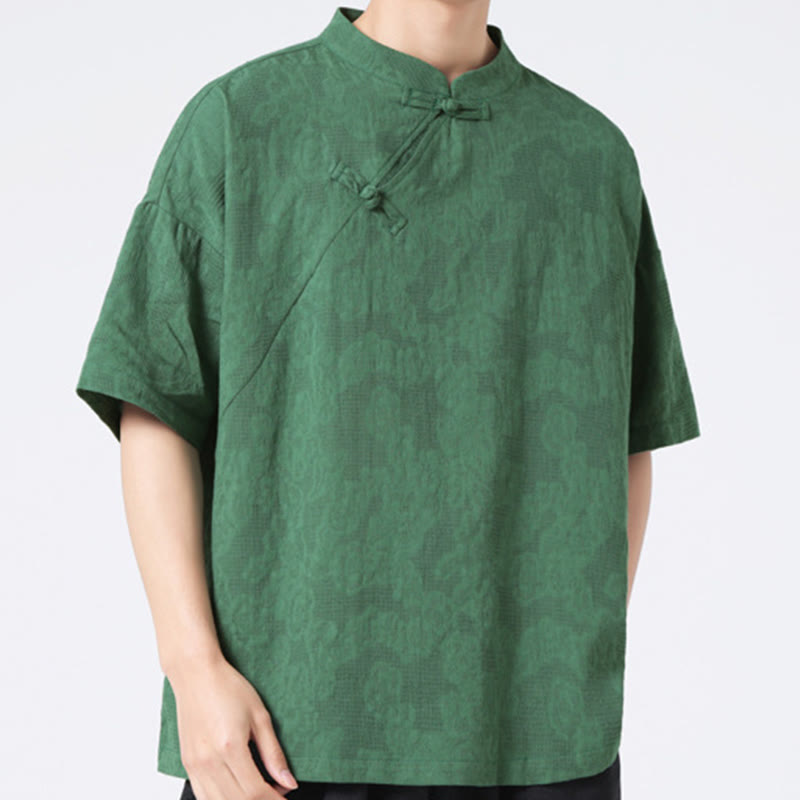 Buddha Stones Retro Pure Color Frog-Button Design Jacquard Flower Pattern Men's Short Sleeve Cotton Linen Shirt - image 5