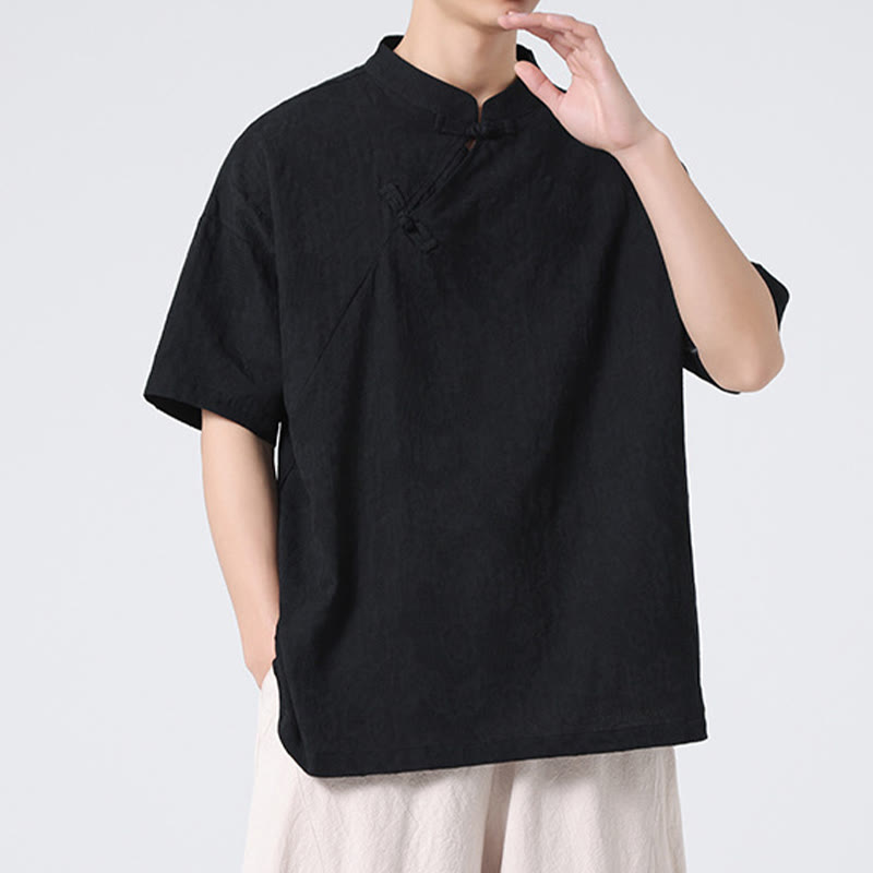 Buddha Stones Retro Pure Color Frog-Button Design Jacquard Flower Pattern Men's Short Sleeve Cotton Linen Shirt - image 27