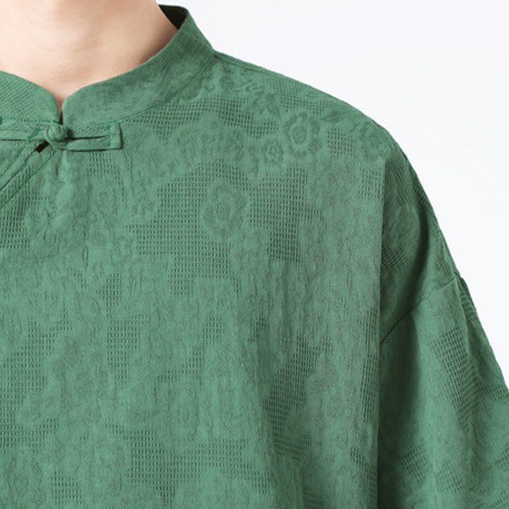 Buddha Stones Retro Pure Color Frog-Button Design Jacquard Flower Pattern Men's Short Sleeve Cotton Linen Shirt - image 9