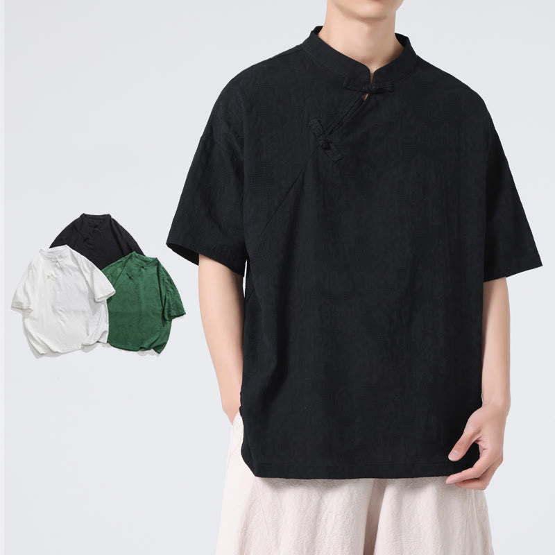 Buddha Stones Retro Pure Color Frog-Button Design Jacquard Flower Pattern Men's Short Sleeve Cotton Linen Shirt - image 25