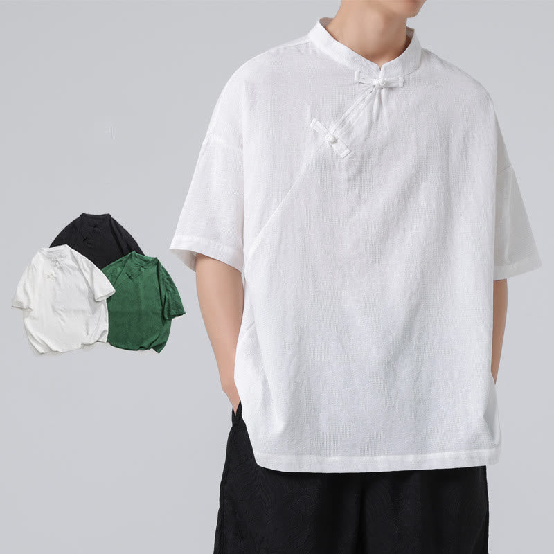 Buddha Stones Retro Pure Color Frog-Button Design Jacquard Flower Pattern Men's Short Sleeve Cotton Linen Shirt - image 15