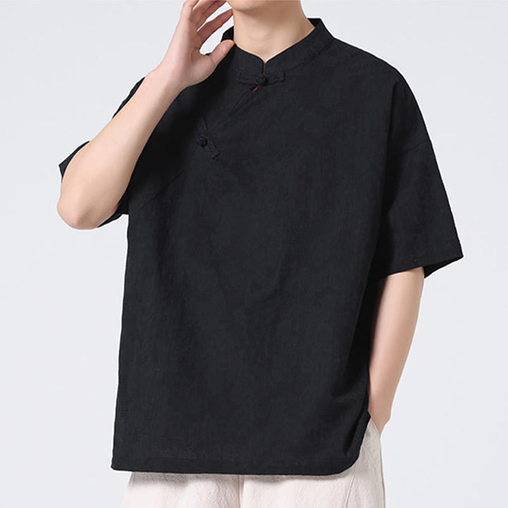 Buddha Stones Retro Pure Color Frog-Button Design Jacquard Flower Pattern Men's Short Sleeve Cotton Linen Shirt - image 26