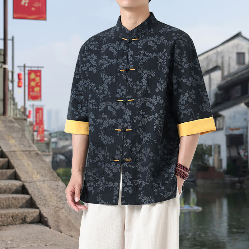 Buddha Stones Retro Printing Flower Pattern Frog-Button Design Stand Collar Men's Half Sleeve Cotton Shirt With Pockets - Black - US/UK/AU46，EU56 (5XL) - image 0