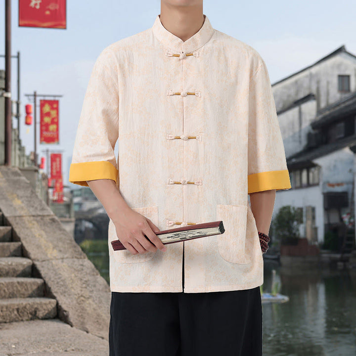 Buddha Stones Retro Printing Flower Pattern Frog-Button Design Stand Collar Men's Half Sleeve Cotton Shirt With Pockets - PapayaWhip - US/UK/AU46，EU56 (5XL) - image 14