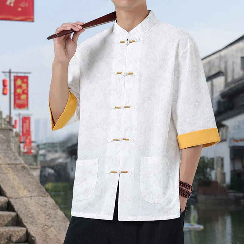 Buddha Stones Retro Printing Flower Pattern Frog-Button Design Stand Collar Men's Half Sleeve Cotton Shirt With Pockets - image 8