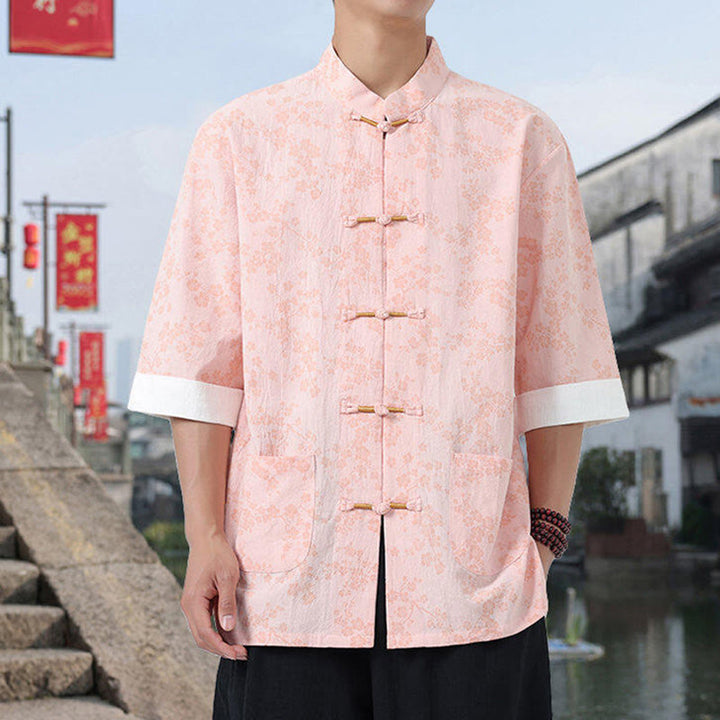 Buddha Stones Retro Printing Flower Pattern Frog-Button Design Stand Collar Men's Half Sleeve Cotton Shirt With Pockets - Pink - US/UK/AU46，EU56 (5XL) - image 11
