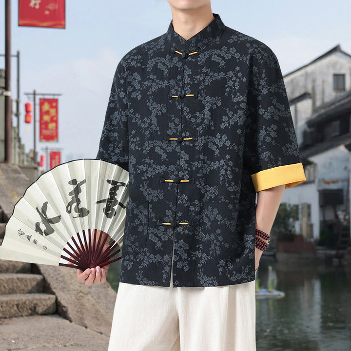 Buddha Stones Retro Printing Flower Pattern Frog-Button Design Stand Collar Men's Half Sleeve Cotton Shirt With Pockets - image 1