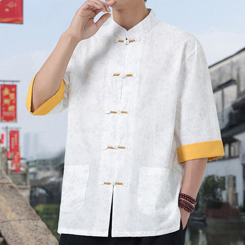 Buddha Stones Retro Printing Flower Pattern Frog-Button Design Stand Collar Men's Half Sleeve Cotton Shirt With Pockets - image 9