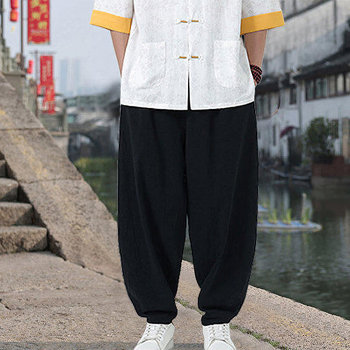 Buddha Stones Retro Printing Flower Pattern Frog-Button Design Stand Collar Men's Half Sleeve Cotton Shirt With Pockets - image 10