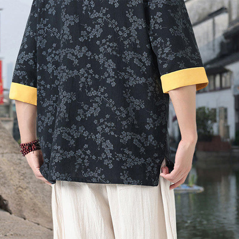 Buddha Stones Retro Printing Flower Pattern Frog-Button Design Stand Collar Men's Half Sleeve Cotton Shirt With Pockets - image 4