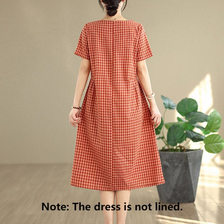 Buddha Stones Commute Plaid Pattern Simple Design Cotton Linen Short Sleeve Midi Dress With Pockets - image 1