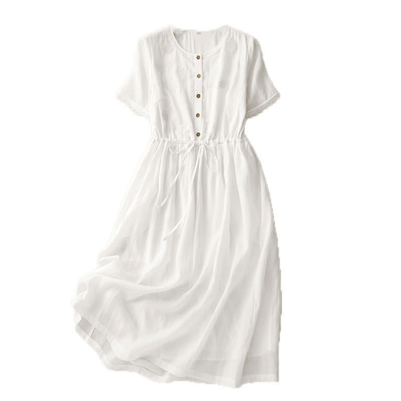 Buddha Stones Commute Embroidery Pleated Button Drawstring Design Cotton Linen Ruffled Short Sleeve Midi Dress - image 13
