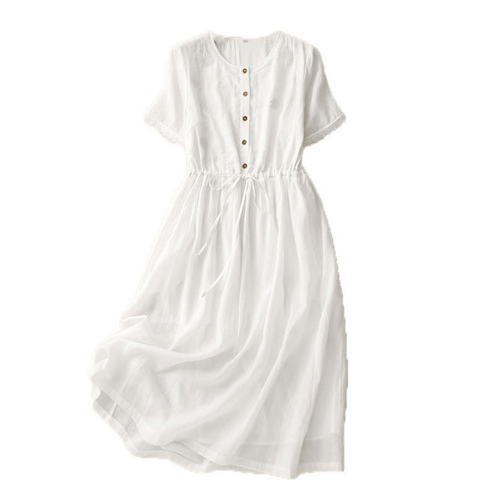 Buddha Stones Commute Embroidery Pleated Button Drawstring Design Cotton Linen Ruffled Short Sleeve Midi Dress - image 13