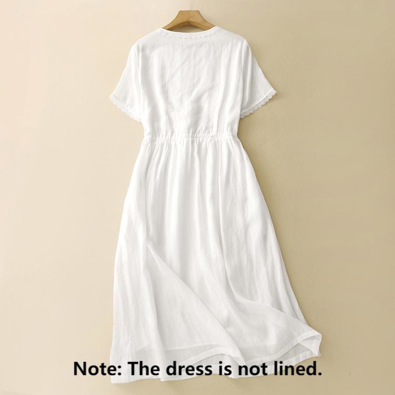 Buddha Stones Commute Embroidery Pleated Button Drawstring Design Cotton Linen Ruffled Short Sleeve Midi Dress - image 1