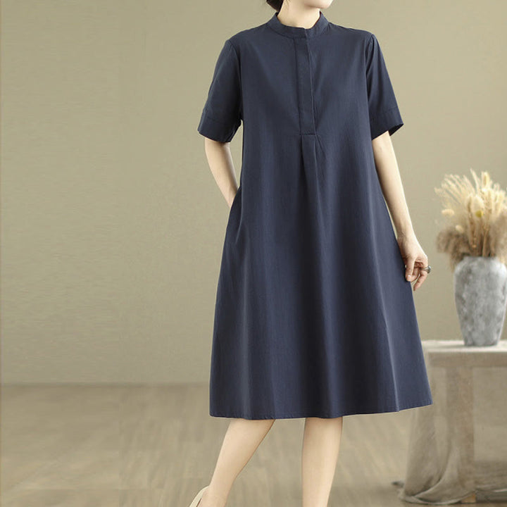 Buddha Stones Commute Plaid Pattern Simple Design Cotton Half Sleeve Midi Dress With Pockets - image 4