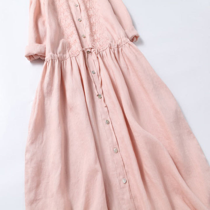 Buddha Stones Fall Embroidery Button Design Cotton Linen Long Sleeve Midi Dress With Pockets - image 5