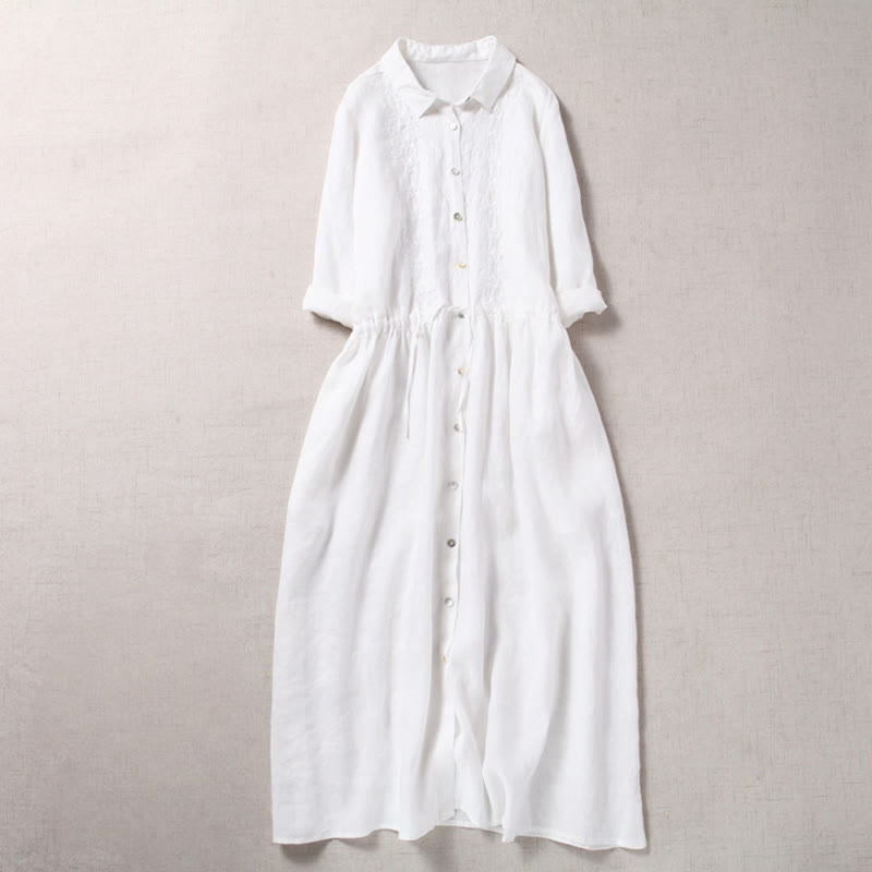 Buddha Stones Fall Embroidery Button Design Cotton Linen Long Sleeve Midi Dress With Pockets - White - US8-10，UK/AU12-14，EU40-42 (2XL) - image 13