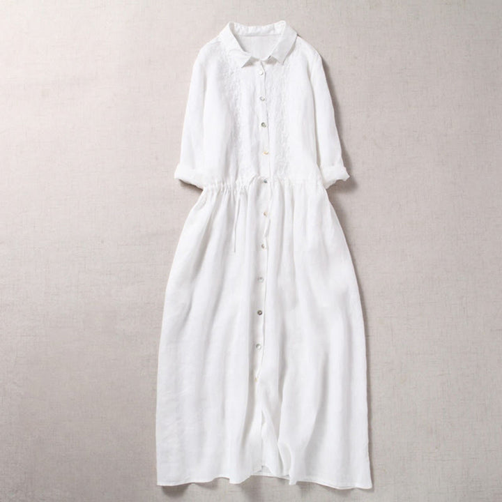 Buddha Stones Fall Embroidery Button Design Cotton Linen Long Sleeve Midi Dress With Pockets - White - US8-10，UK/AU12-14，EU40-42 (2XL) - image 13