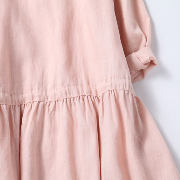 Buddha Stones Fall Embroidery Button Design Cotton Linen Long Sleeve Midi Dress With Pockets - image 7