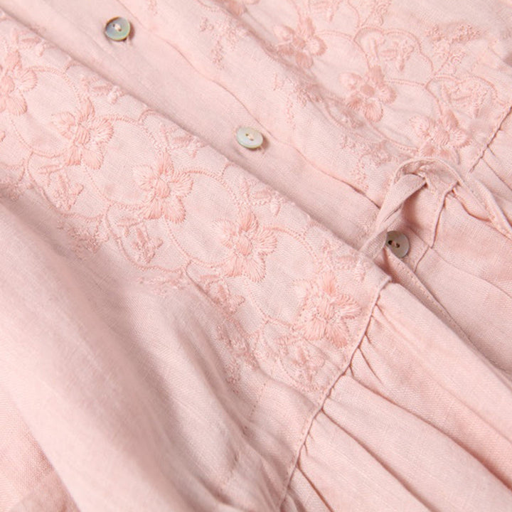 Buddha Stones Fall Embroidery Button Design Cotton Linen Long Sleeve Midi Dress With Pockets - image 9