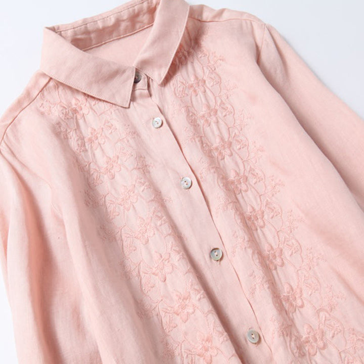 Buddha Stones Fall Embroidery Button Design Cotton Linen Long Sleeve Midi Dress With Pockets - image 3