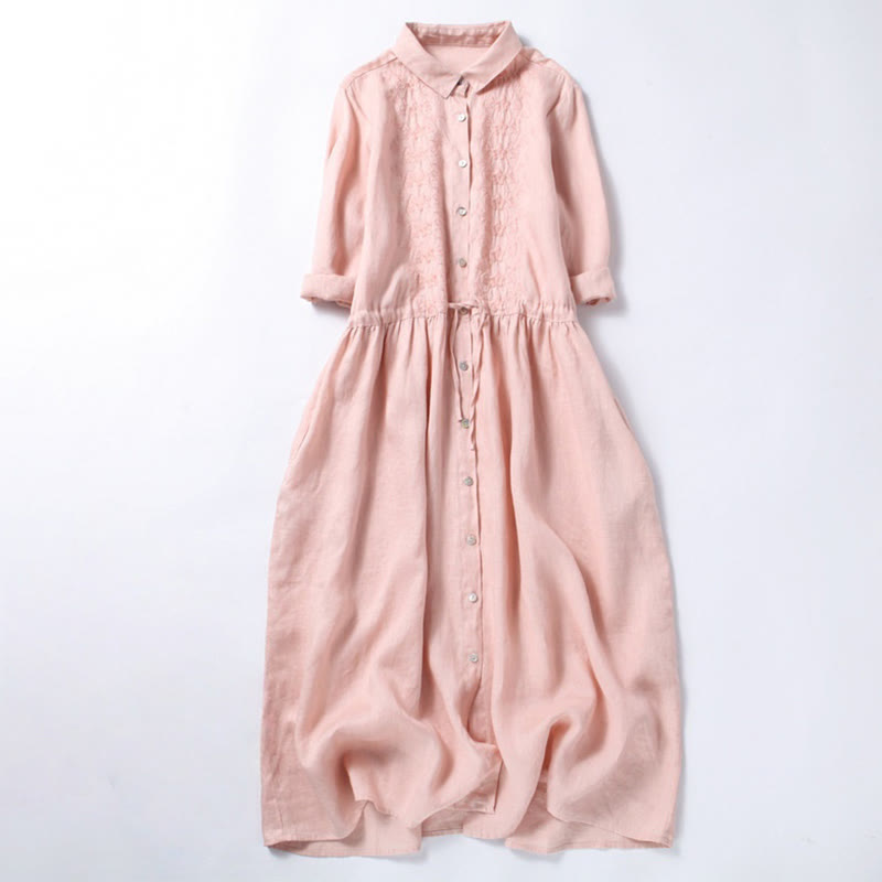 Buddha Stones Fall Embroidery Button Design Cotton Linen Long Sleeve Midi Dress With Pockets - LightPink - US8-10，UK/AU12-14，EU40-42 (2XL) - image 0