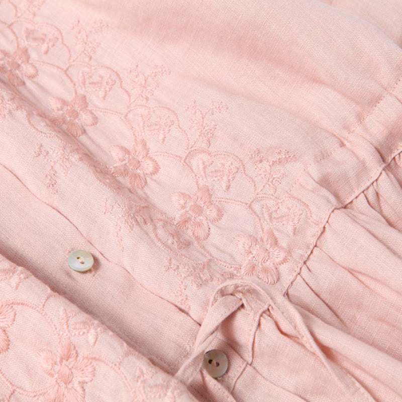 Buddha Stones Fall Embroidery Button Design Cotton Linen Long Sleeve Midi Dress With Pockets - image 10