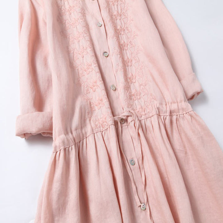 Buddha Stones Fall Embroidery Button Design Cotton Linen Long Sleeve Midi Dress With Pockets - image 4