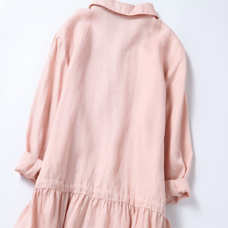 Buddha Stones Fall Embroidery Button Design Cotton Linen Long Sleeve Midi Dress With Pockets - image 6