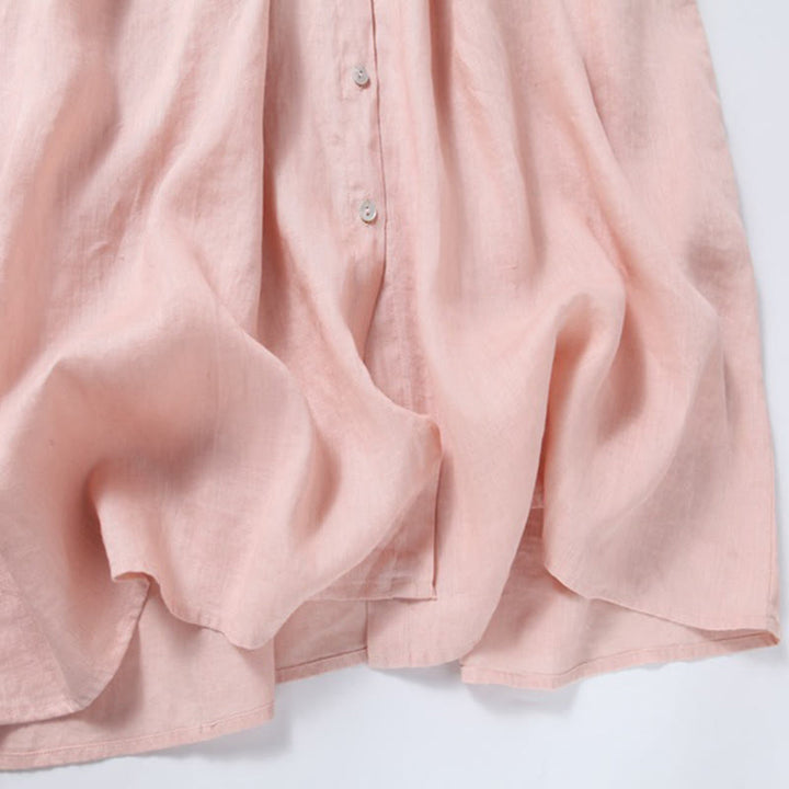 Buddha Stones Fall Embroidery Button Design Cotton Linen Long Sleeve Midi Dress With Pockets - image 12