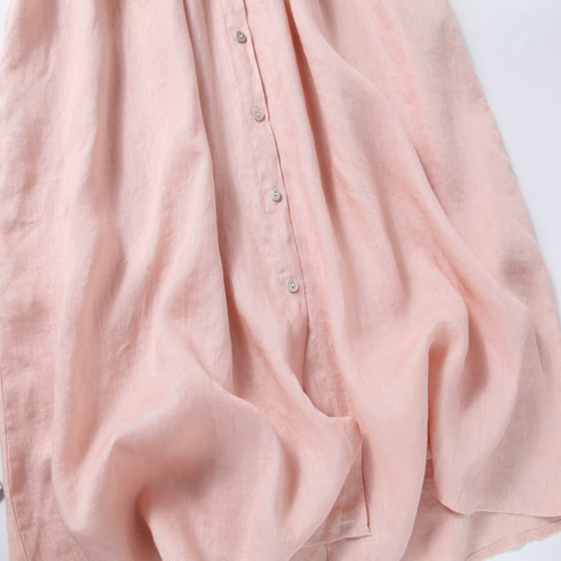 Buddha Stones Fall Embroidery Button Design Cotton Linen Long Sleeve Midi Dress With Pockets - image 11