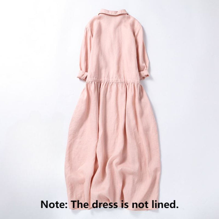 Buddha Stones Fall Embroidery Button Design Cotton Linen Long Sleeve Midi Dress With Pockets - image 1