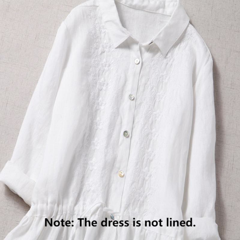 Buddha Stones Fall Embroidery Button Design Cotton Linen Long Sleeve Midi Dress With Pockets - image 14