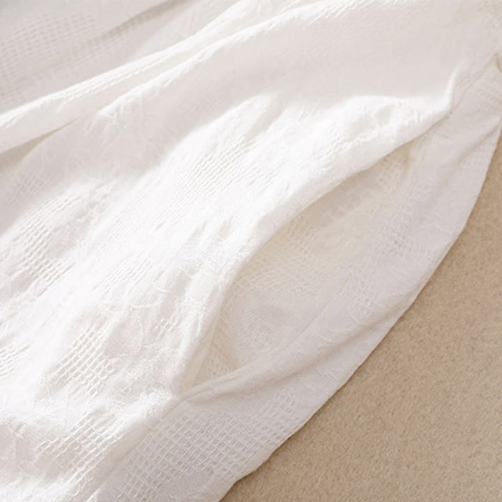 Buddha Stones Summer Plain Hollow Jacquard Design Cotton Short Sleeve Midi Dress With Pockets - image 4