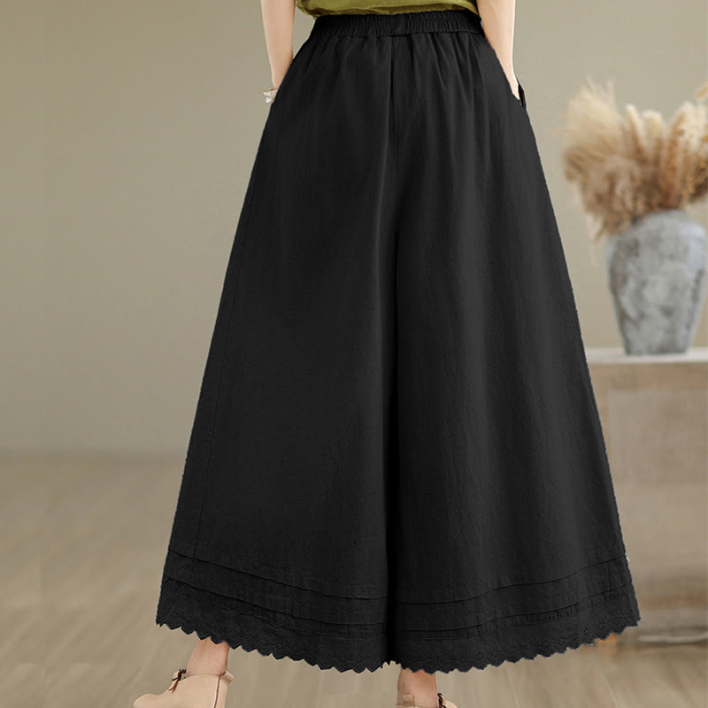 Buddha Stones Commute Simple Lace Design 7-8 Length Women's Wide Leg Cotton Linen Pants With Pockets - image 15