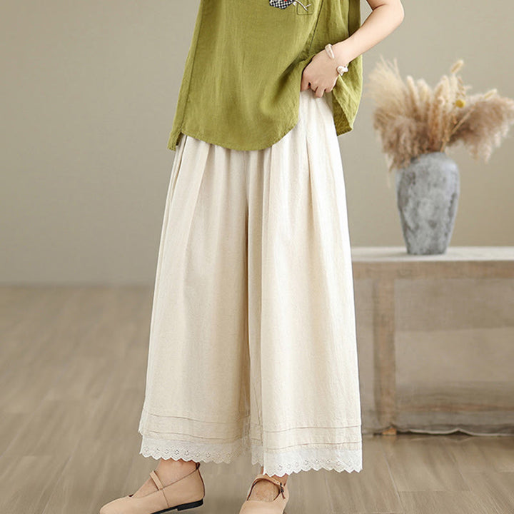 Buddha Stones Commute Simple Lace Design 7-8 Length Women's Wide Leg Cotton Linen Pants With Pockets - image 2