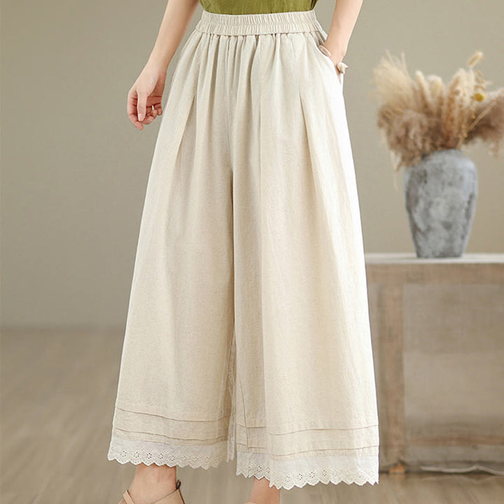 Buddha Stones Commute Simple Lace Design 7-8 Length Women's Wide Leg Cotton Linen Pants With Pockets - image 5