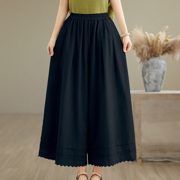 Buddha Stones Commute Simple Lace Design 7-8 Length Women's Wide Leg Cotton Pants With Pockets - image 14