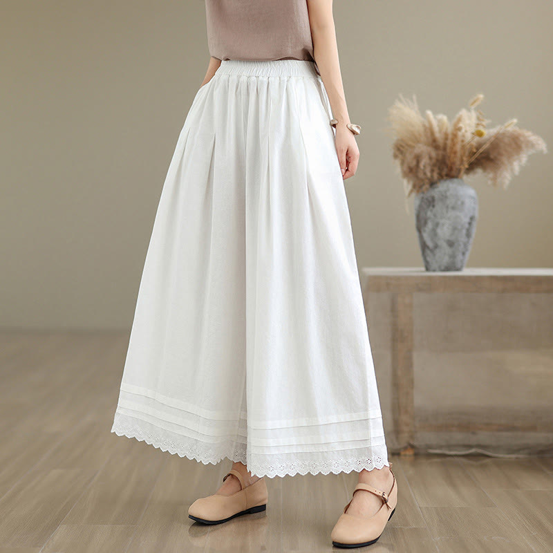 Buddha Stones Commute Simple Lace Design 7-8 Length Women's Wide Leg Cotton Linen Pants With Pockets - White - US6，UK/AU10，EU38 (XL) - image 16