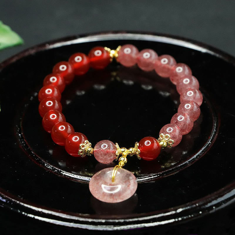 Buddha Stones Strawberry Quartz Red Agate Peace Buckle Positive Luck Bracelet - Strawberry Quartz & Red Agate(Wrist Circumference: 15-16cm) - image 0