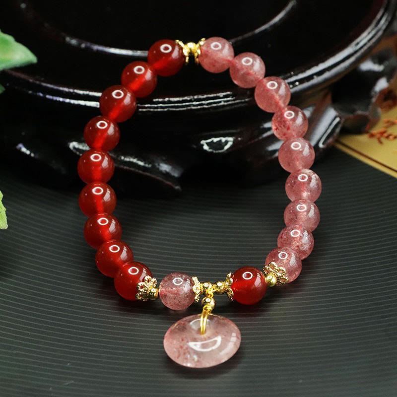 Buddha Stones Strawberry Quartz Red Agate Peace Buckle Positive Luck Bracelet - image 1