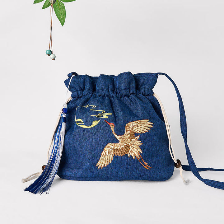Buddha Stones Embroidered Navy Blue Crane Cotton Linen Crossbody Bag Shoulder Bag - Navy Blue Crane 19*20*10cm - image 0